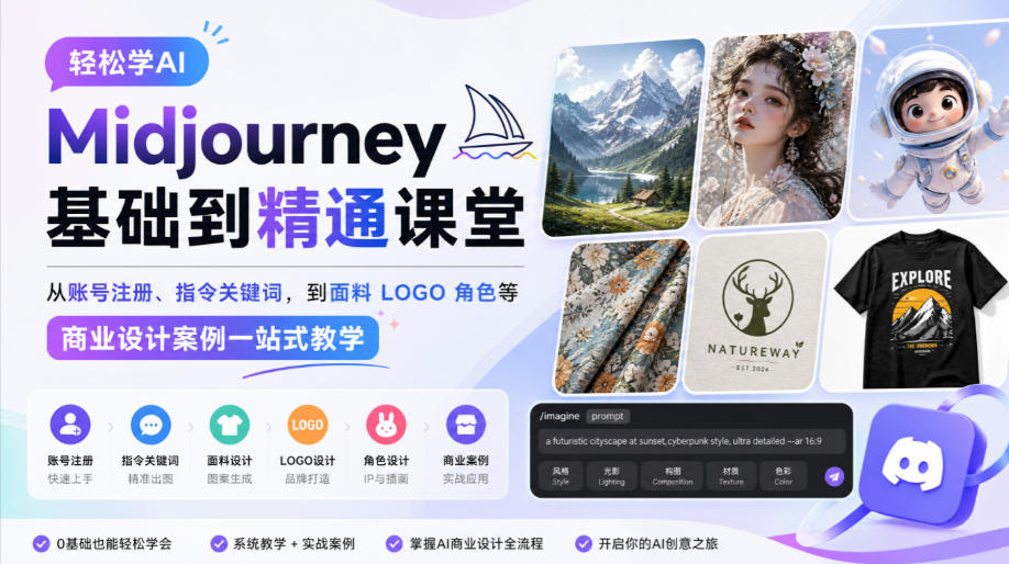 轻松学AI Midjourney基础到精通课堂，从账号注册、指令关键词，到面料LOGO角色等商业设计案例一站式教学-怪兽网创俱乐部