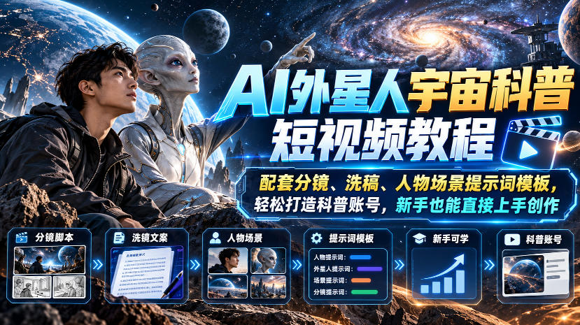 AI外星人宇宙科普短视频教程,配套分镜、洗稿、人物场景提示词模板,轻松打造科普账号,新手也能直接上手创作-邪修侠