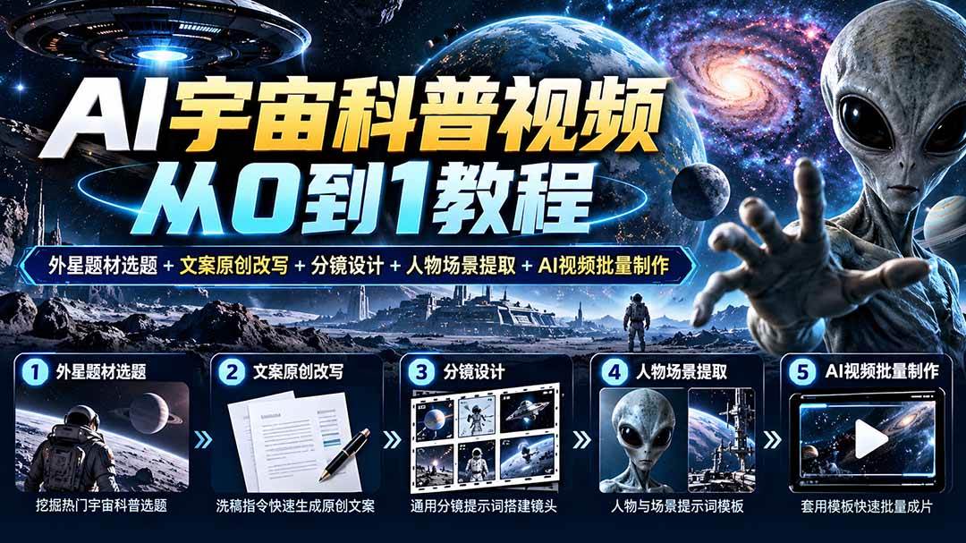 （20774期）AI宇宙科普视频从0到1教程｜外星题材选题+文案原创改写+分镜设计+人物场景提取+AI视频批量制作-副业资源网