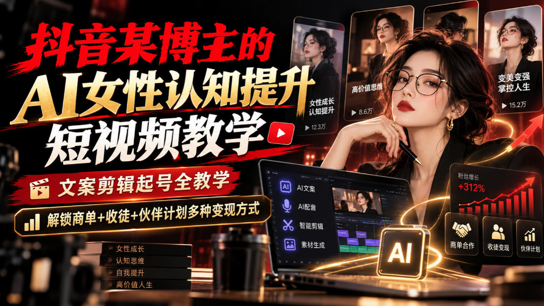 抖音某博主的Ai女性认知提升短视频教学,文案剪辑起号全教学,解锁商单+收徒+伙伴计划多种变现方式-邪修侠