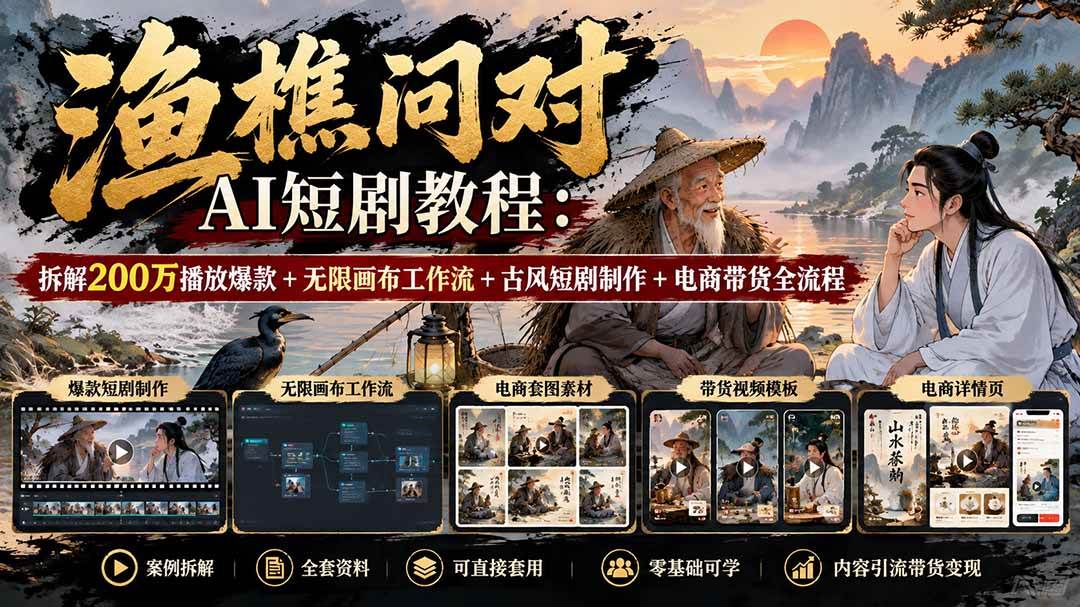 (20772期)【无水印】渔樵问对AI短剧教程:拆解200万播放爆款+无限画布工作流+古风短剧制作+电商带货全流程-邪修侠