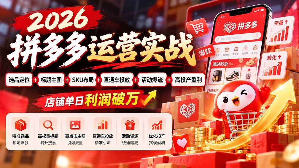 (20778期)2026拼多多运营实战-更新1002:选品定位+标题主图+SKU布局+直通车投放+活动爆流+高投产盈利 店铺单日利润破万-邪修侠
