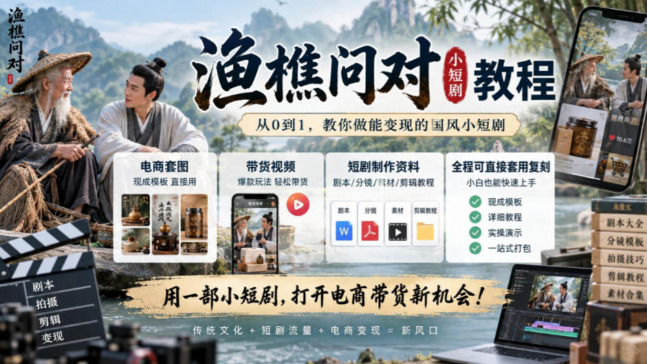渔樵问对小短剧教程,包含电商套图、带货视频,短剧制作资料,全程可直接套用复刻-邪修侠