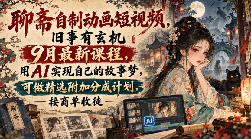 聊斋自制动画短视频，旧事有玄机9月最新课程，用AI实现自己的故事梦，可做精选附加分成计划，接商单收徒-邪修侠