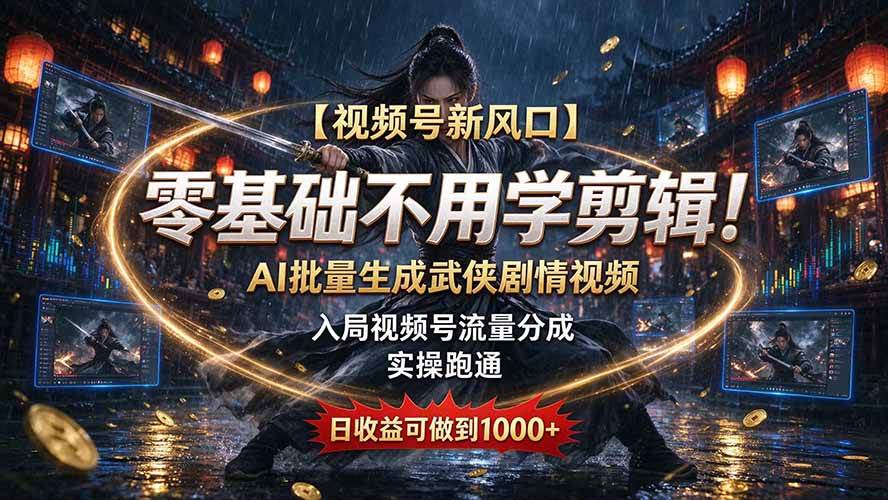 （20780期）【视频号新风口】零基础不用学剪辑！AI 批量生成武侠剧情视频，入局视频号流量分成，实操跑通，日收益可做到 1000+-邪修侠