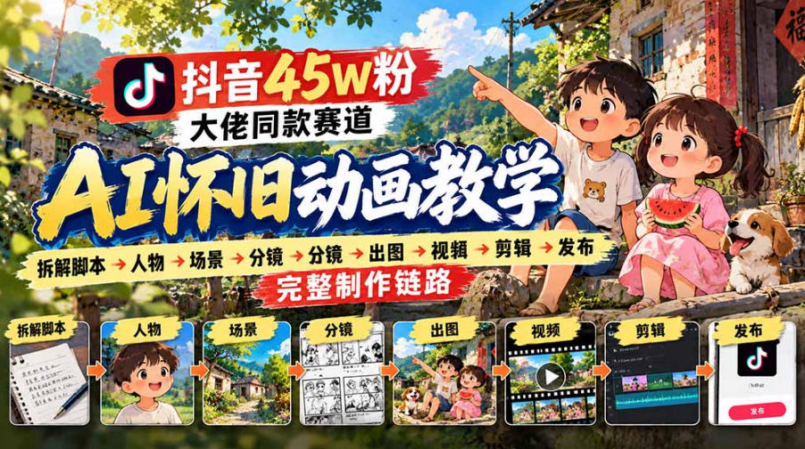 抖音45W粉大佬同款赛道AI怀旧动画实战课：拆解脚本→人物→场景→分镜→出图→视频→剪辑→发布完整制作链路-邪修侠