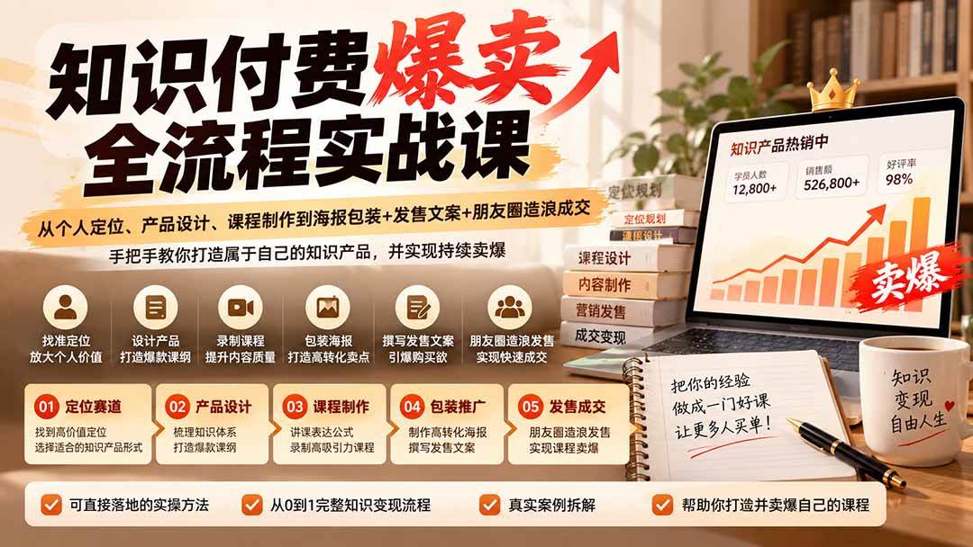(20787期)【无水印】知识付费爆卖全流程实战课:从个人定位、产品设计、课程制作到海报包装+发售文案+朋友圈造浪成交 (20787期)【无水印】知识付费爆卖全流程实战课:从个人定位、产品设计、课程制作到海报包装+发售文案+朋友圈造浪成交