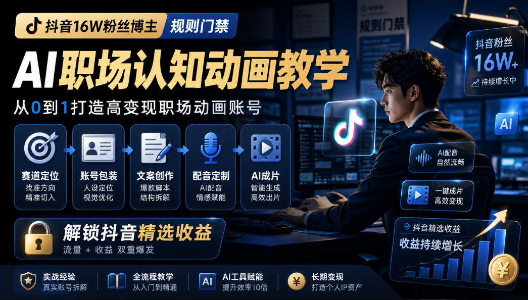 抖音16W粉丝博主规则门禁的AI职场认知动画教学，从赛道定位、账号包装，到文案创作、配音定制、AI成片，解锁抖音精选收益-邪修侠
