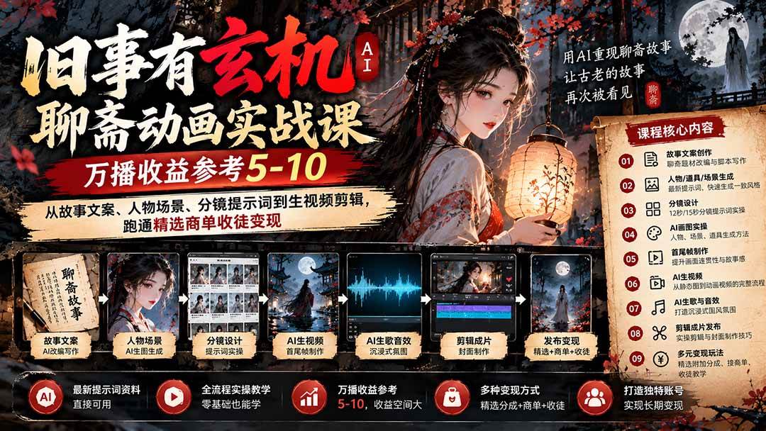 （20789期）旧事有玄机AI聊斋动画实战9月新课：万播收益参考5-10，从故事文案、人物场景到分镜生视频，跑通精选商单收徒