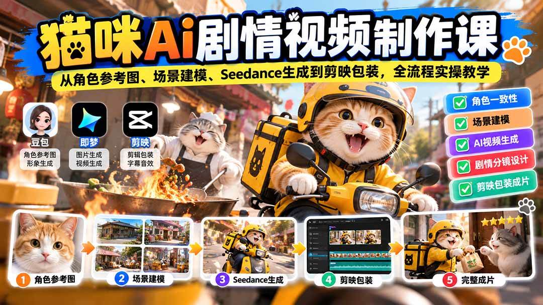 (20793期)猫咪AI剧情视频制作课:从角色参考图、场景建模、Seedance生成到剪映包装,全流程实操教学-邪修侠