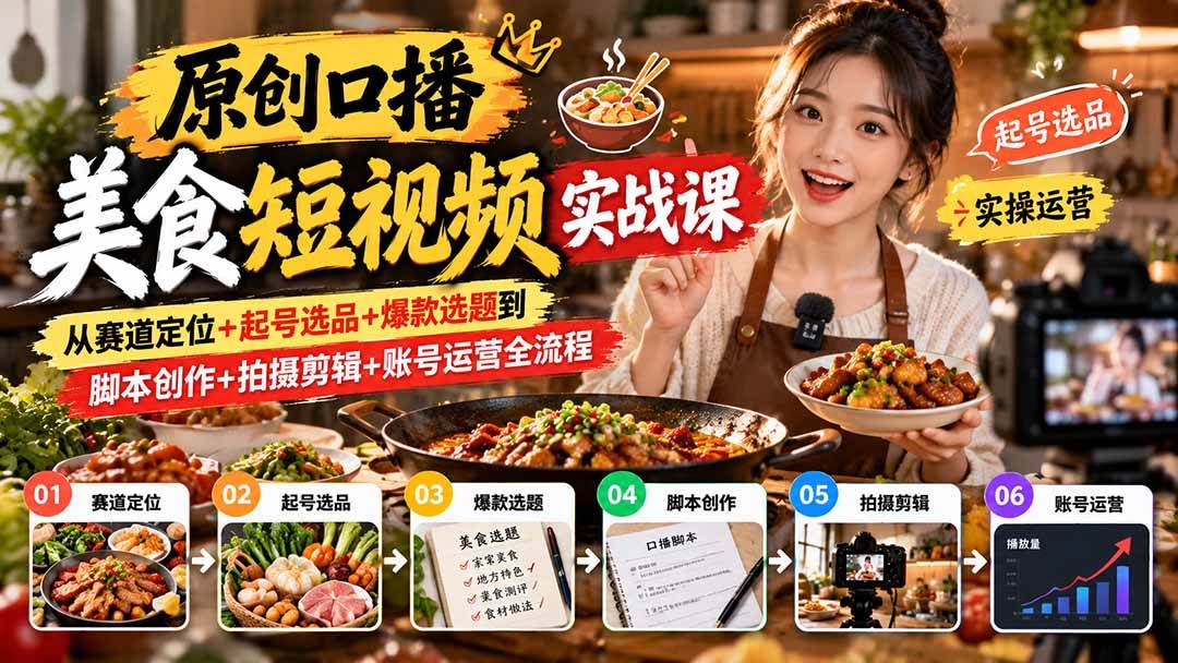 （20786期）原创口播美食短视频实战课：从赛道定位+起号选品+爆款选题到脚本创作+拍摄剪辑+账号运营全流程