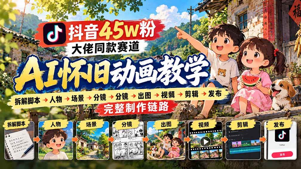 (20781期)抖音45W粉大佬同款赛道AI怀旧动画教学:拆解脚本→人物→场景→分镜→出图→视频→剪辑→发布完整制作链路-副业资源网