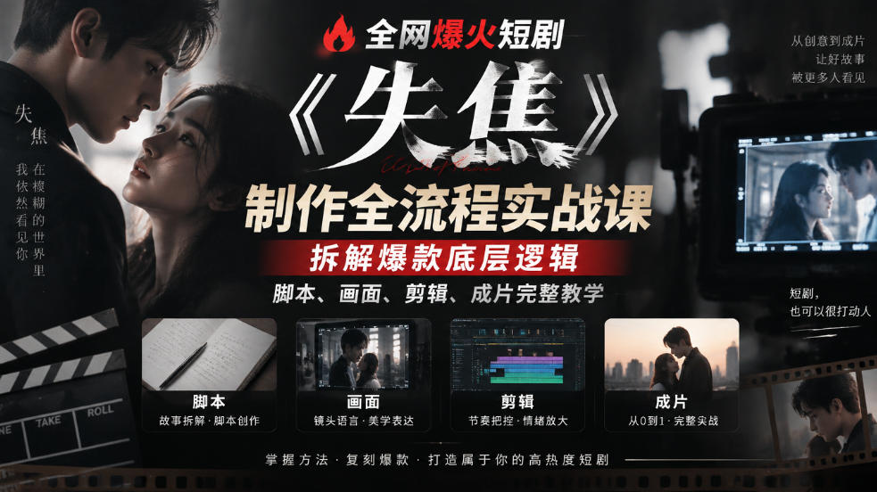全网爆火短剧《失焦》制作全流程实战课|拆解爆款底层逻辑,脚本、画面、剪辑、成片完整教学-邪修侠