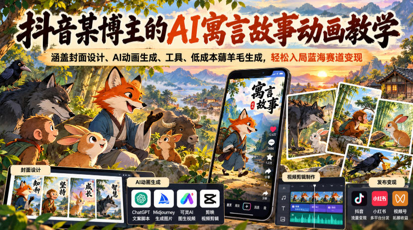 抖音某博主的AI寓言故事动画教学,涵盖封面设计、AI动画生成、工具、低成本薅羊毛生成,轻松入局蓝海赛道变现-邪修侠