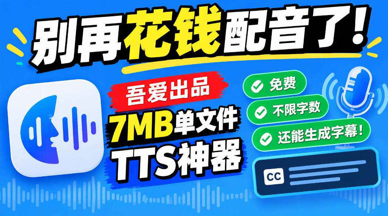 别再花钱配音了！吾爱出品7MB单文件TTS神器，免费不限字数还能生成字幕！-邪修侠