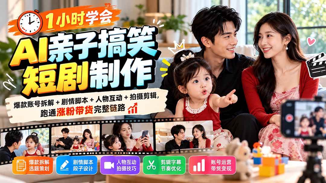 (20807期)1小时学会AI亲子搞笑短剧制作:爆款账号拆解+剧情脚本+人物互动+拍摄剪辑,跑通涨粉带货完整链路-邪修侠