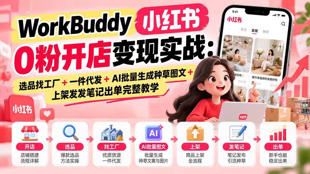 (20801期)WorkBuddy小红书0粉开店变现实战:选品找工厂+一件代发+AI批量生成种草图文+上架发发笔记出单完整教学-邪修侠
