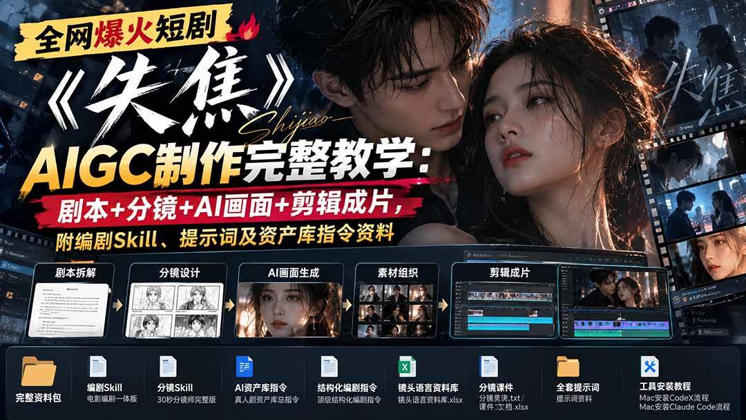(20805期)全网爆火短剧《失焦》AIGC制作完整教学:剧本+分镜+AI画面+剪辑成片,附编剧Skill、提示词及资产库指令资料-邪修侠