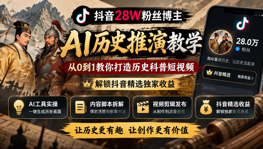 抖音28W粉丝博主的AI历史推演教学,从0到1教你打造历史科普短视频,解锁抖音精选独家收益-邪修侠