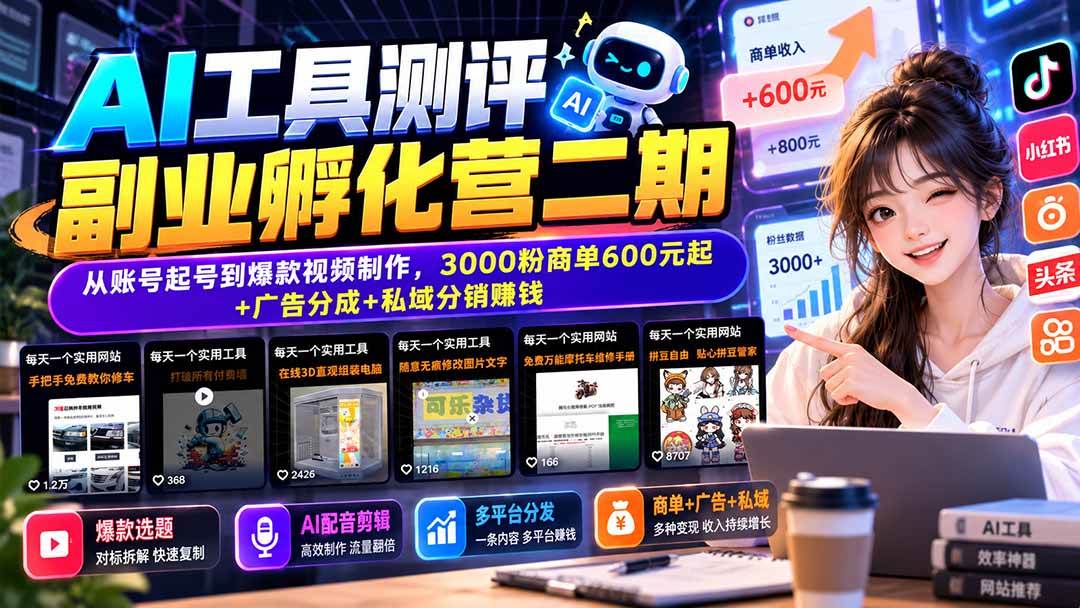 (20799期)AI工具测评副业孵化营二期:从账号起号到爆款视频制作,3000粉商单600元起+广告分成+私域分销赚钱-邪修侠