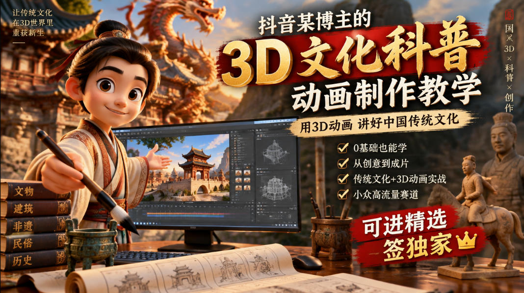 抖音某博主的3D文化科普动画制作教学,用3D动画呈现中国传统文化,可进精选签独家,单日收益1k+-邪修侠