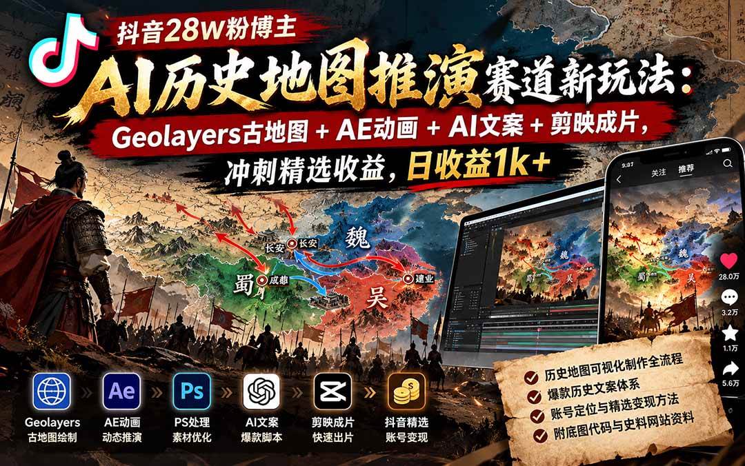 (20809期)抖音28W粉博主AI历史地图推演赛道新玩法:Geolayers古地图+AE动画+AI文案+剪映成片,冲刺精选收益,日收益1k+-邪修侠
