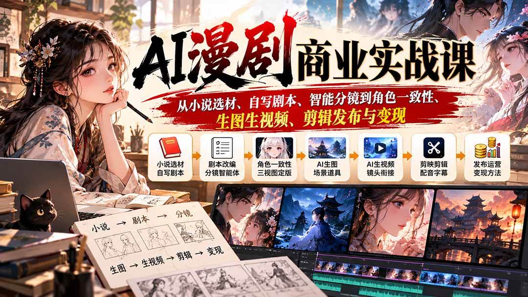 （20811期）AI漫剧商业实战课：从小说选材、自写剧本、智能分镜到角色一致性、生图生视频、剪辑发布与变现-奇点库