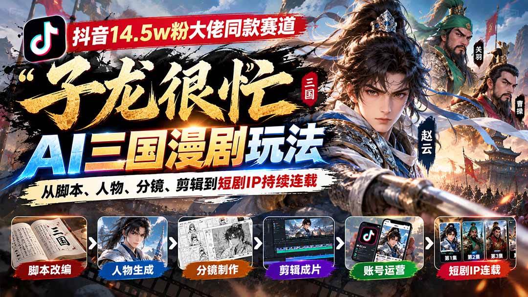 （20818期）抖音14.5w粉大佬同款赛道「子龙很忙」AI三国漫剧玩法：从脚本、人物、分镜、剪辑到短剧IP持续连载-副业资源网