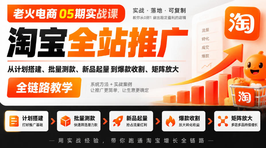 老火电商05期实战课｜淘宝全站推广从计划搭建、批量测款、新品起量到爆款收割、矩阵放大全链路教学-奇点库