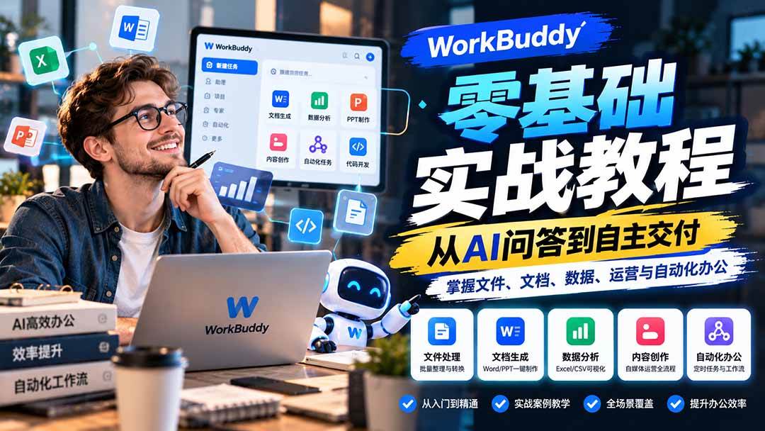 (20827期)WorkBuddy零基础实战教程:从AI问答到自主交付,掌握文件、文档、数据、运营与自动化办公 (20827期)WorkBuddy零基础实战教程:从AI问答到自主交付,掌握文件、文档、数据、运营与自动化办公