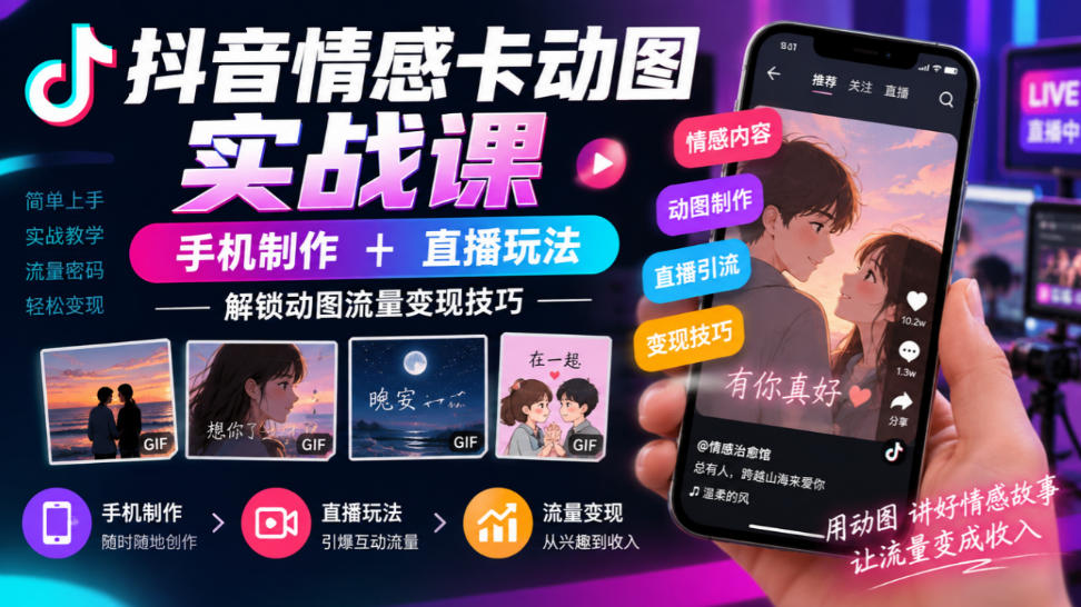抖音情感卡动图实战课｜手机制作+直播玩法，解锁动图流量变现技巧-奇点库