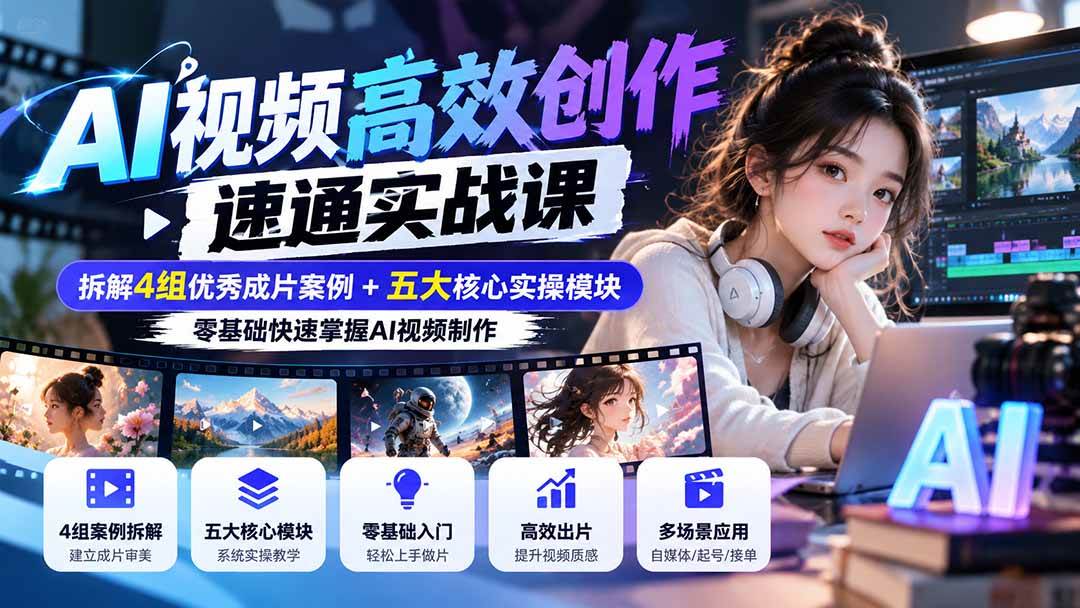 (20819期)【无水印】AI视频高效创作速通实战课:拆解4组优秀成片案例+五大核心实操模块,零基础快速掌握AI视频制作-邪修侠