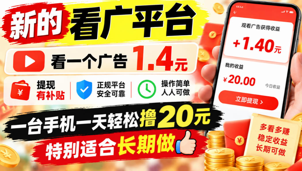 一个新的看广平台,看一个广告1.4元,提现有补贴,一台手机一天轻松撸20+,特别适合长期做【揭秘】-邪修侠