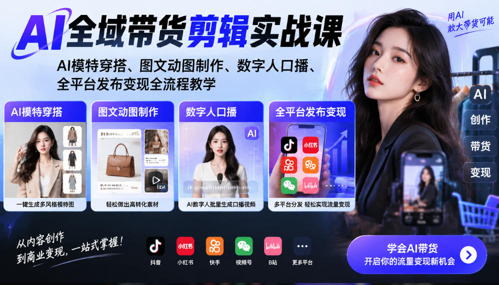 AI全域带货剪辑实战课｜AI模特穿搭、图文动图制作、数字人口播、全平台发布变现全流程教学-副业资源网