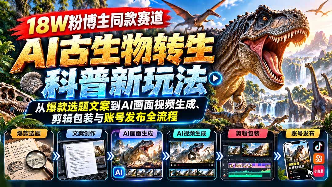 （20833期）18W粉博主同款赛道-AI古生物转生科普新玩法：从爆款选题文案到AI画面视频生成、剪辑包装与账号发布全流程-怪兽网创俱乐部