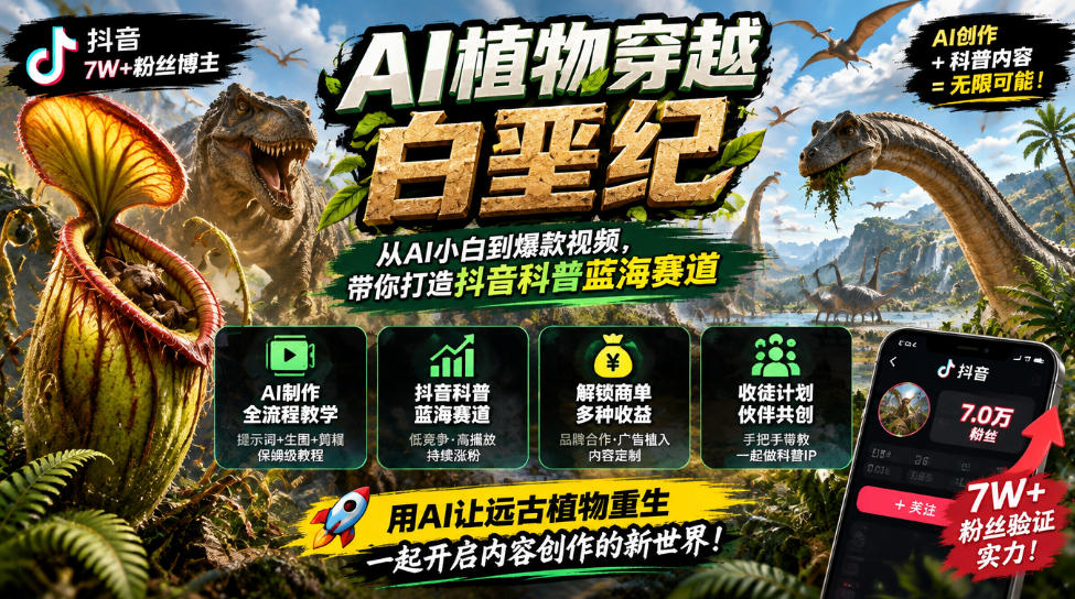 抖音7W粉丝博主的AI植物穿越白垩纪教学，抖音科普蓝海赛道，解锁商单收徒伙伴计划等多种收益-邪修侠