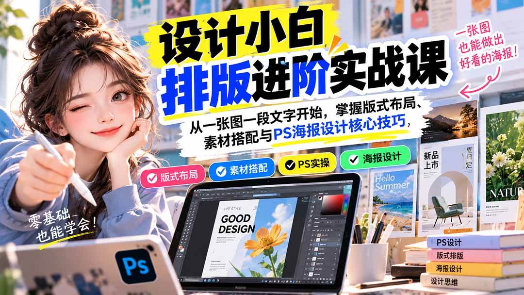 （20838期）设计小白排版进阶实战课：从一张图一段文字开始，掌握版式布局、素材搭配与PS海报设计核心技巧-怪兽网创俱乐部