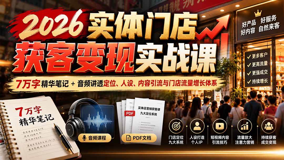 （20832期）2026实体门店获客变现实战课：7万字精华笔记+音频讲透定位、人设、内容引流与门店流量增长体系-怪兽网创俱乐部