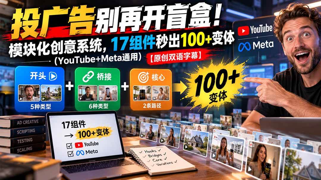 （20840期）投广告别再开盲盒！模块化创意系统，17组件秒出100+变体（YouTube+Meta通用）【原创双语字幕】-怪兽网创俱乐部