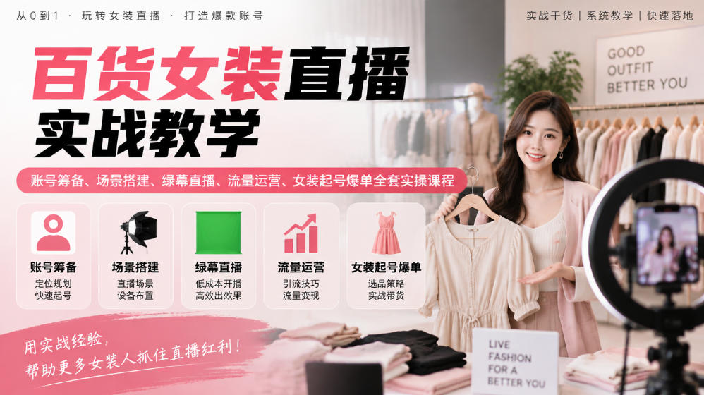 百货女装直播实战教学|账号筹备、场景搭建、绿幕直播、流量运营、女装起号爆单全套实操课程-邪修侠