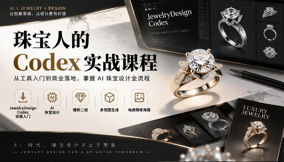 珠宝人的Codex实战课程｜JewelryDesign Codex安装入门、AI珠宝设计、爆款二创、多视图生成、电商精修海报全链路教学-多课资源站