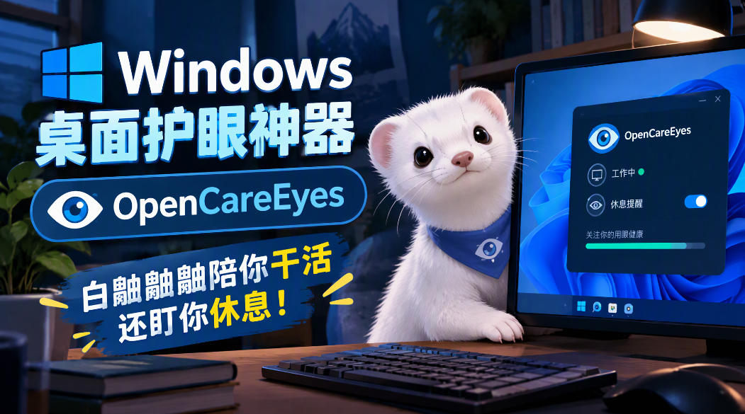 Windows桌面护眼神器OpenCareEyes，白鼬鼬鼬陪你干活还盯你休息！-怪兽网创俱乐部