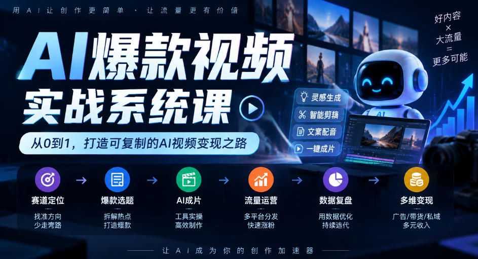 AI爆款视频实战系统课｜赛道定位、爆款选题、AI成片、流量运营、数据复盘、多维变现全链路教学-邪修侠