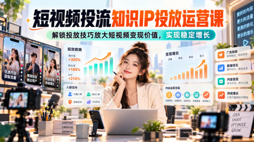 短视频投流知识IP投放运营课，解锁投放技巧放大短视频变现价值，实现稳定增长-副业资源网