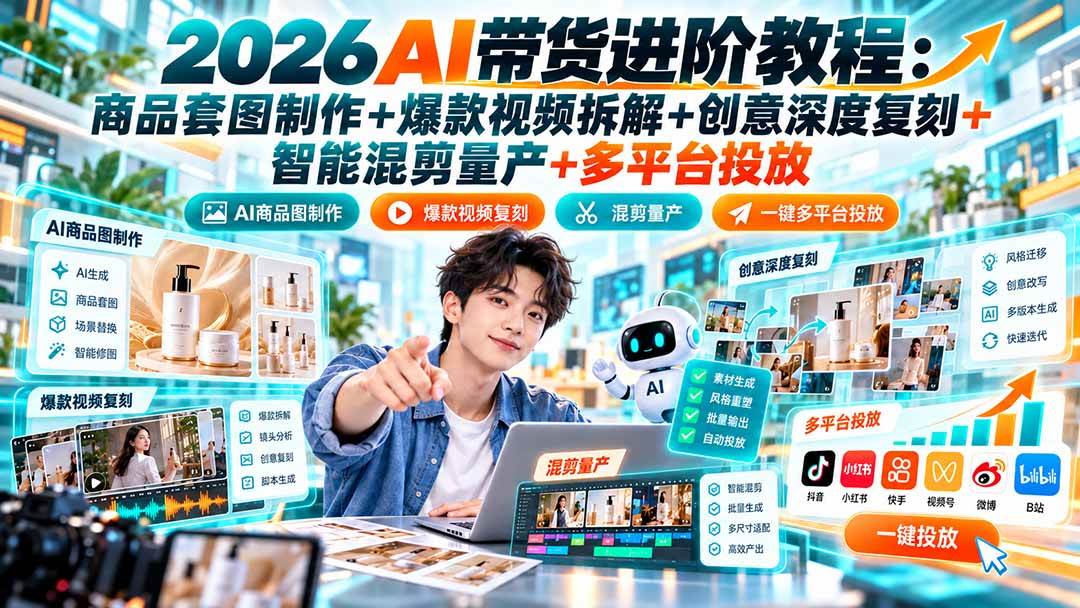 （20857期）2026AI带货进阶教程：商品套图制作+爆款视频拆解+创意深度复刻+智能混剪量产+多平台投放