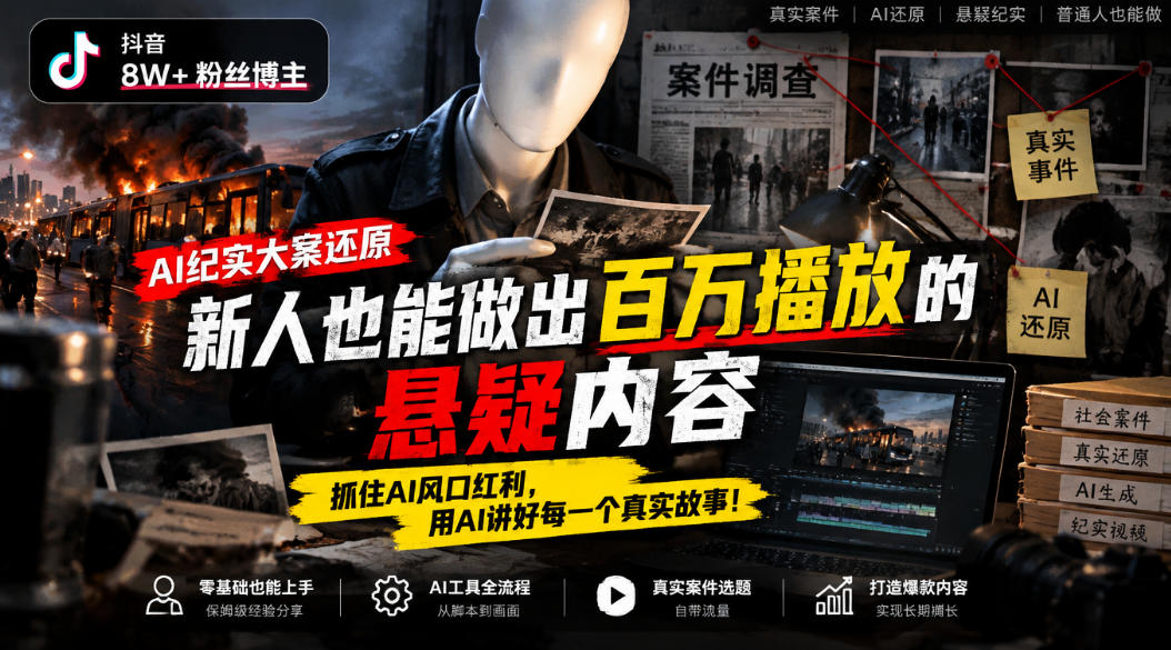 抖音8W粉丝博主的AI纪实大案还原教学，新人也能做出百W播放的悬疑内容，抓住AI风口红利，用AI讲好每一个真实故事-怪兽网创俱乐部