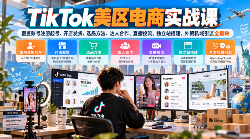 TikTok美区电商实战课，覆盖账号注册起号、开店发货、选品方法、达人合作、直播投流、独立站搭建、外贸私域引流全模块-邪修侠