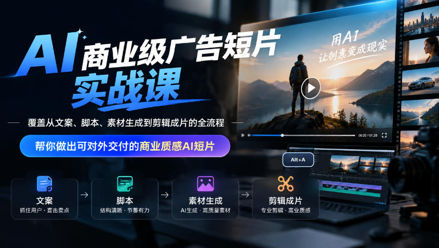 AI商业级广告短片实战课,覆盖从文案、脚本、素材生成到剪辑成片的全流程,帮你做出可对外交付的商业质感AI短片-副业资源网