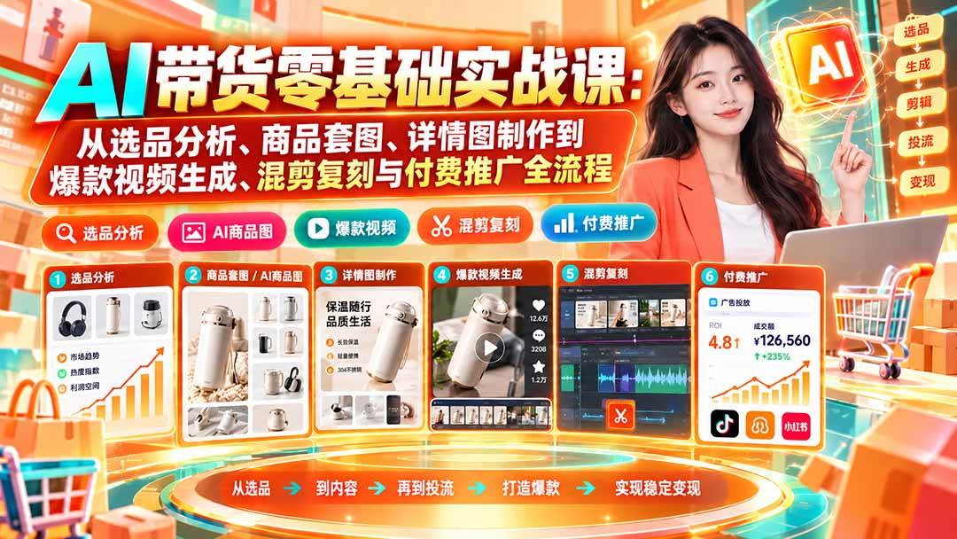 (20856期)AI带货零基础实战课:从选品分析、商品套图、详情图制作到爆款视频生成、混剪复刻与付费推广全流程-706资源网