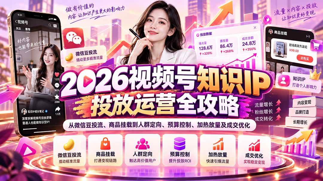 （20860期）2026视频号知识IP投放运营全攻略：从微信豆投流、商品挂载到人群定向、预算控制、加热放量及成交优化